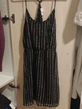 Roxy Black Mini Dress with Blue and Gold Stripe Accents